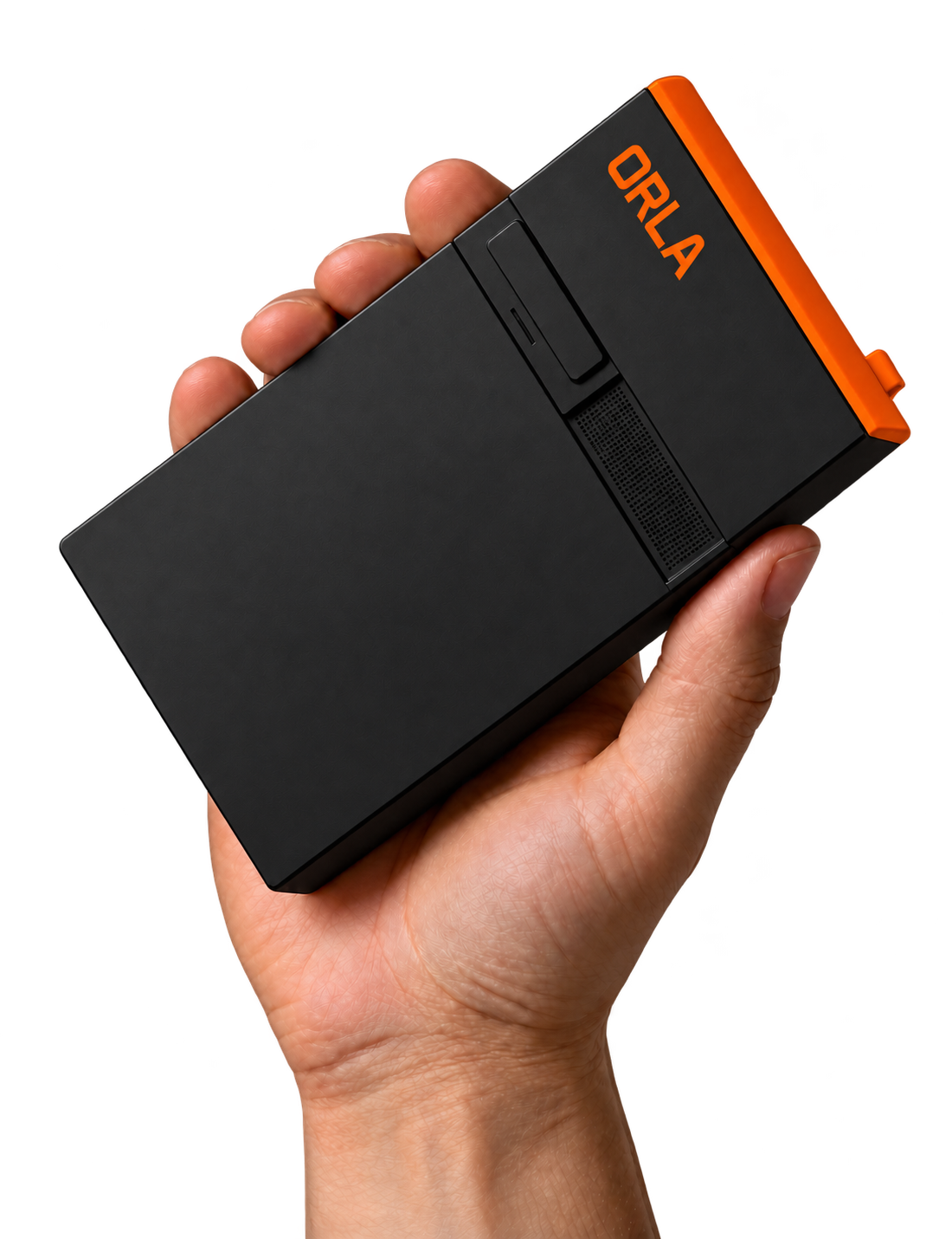 A hand holding Orla: a palm-sized black box with an orange top edge and Orla lettering.